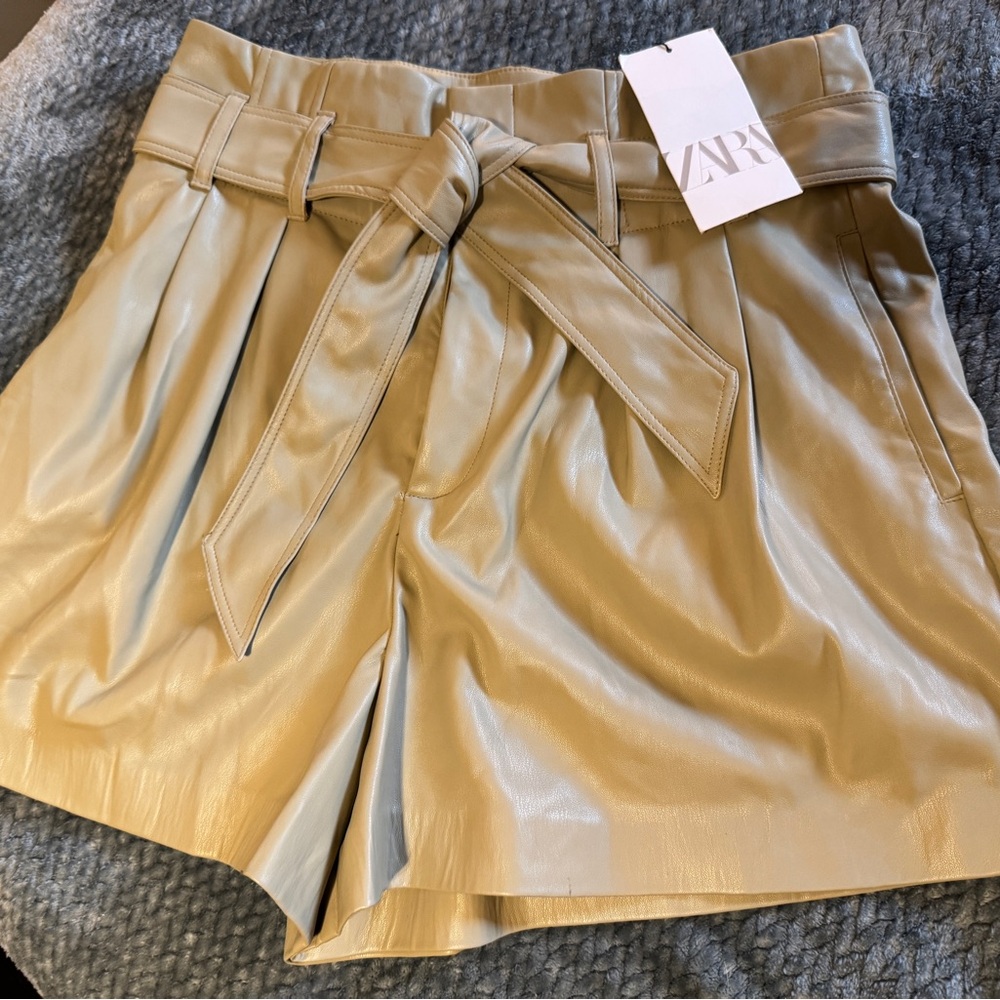 Zara Faux Leather Paperbag Shorts in Taupe